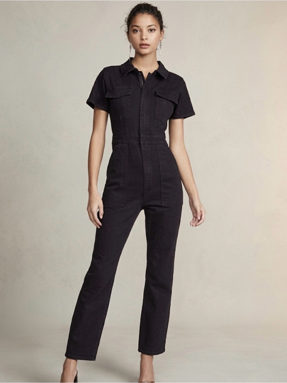 Good American Black Denim  Short-Sleeve Utility Jumpsuit NWT $260 retail!